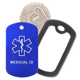 Medical Id Medical Alert ID Necklace with Blue Tag, Black Silencer, and 30'' USA Chain - 154 Color Choices