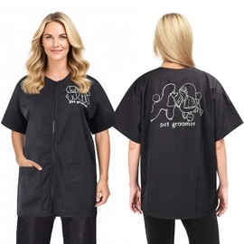 Noverlife Short Sleeves Pet Grooming Work Clothes with Full Zipper, XL Size, Splash Proof Anti-Static Pets Beautician Smock, Dog Cat Groomer Cosmetologist Uniforms for Pet Shop Men Women