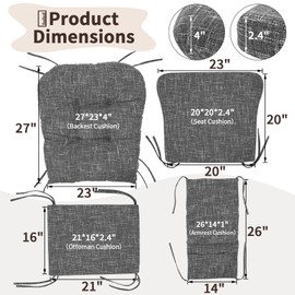 SINOSSO Glider Rocker Cushion Set (5 Pcs), Soft Blended Fabric High-Density Support Foam Seat Cushions with Ties, Fits Rocking Chair/Nursery Glider & Ottoman, Light Gray