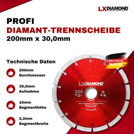 LXDIAMOND Diamond Cutting Disc 200 mm x 30.0 mm - for Cutting Tables, Bridge Saws - Diamond Disc for Cutting Stone, Concrete, Brick, Masonry - 200 mm Stone Disc in Professional Quality