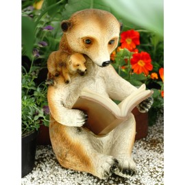 Kremers Schatzkiste Solar Meerkat Mama Reads Book in Front of Garden Figurine 20 cm Decorative LED Polyresin Sculpture Book Illuminated Hand-Painted with UV Protection Meercat