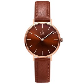 SHENGKE SK Ultra Thin Minialist Women Watches Simple Two Hands Ladies Dress Watch Leather Strap (Coffee)