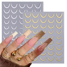 HYWWPFLAY 3 Sheets French Tip Nail Art Stickers, Self - Adhesive Metal Curved Nail Stickers, 3D Gold White Black Curve Stripe Wave Nail Design Nail Decals for Women Girls DIY Manicure Decor Supplies