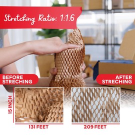 XFasten Brown Honeycomb Packing Paper for Moving 15-Inch x 131-Feet Bubble Honeycomb Wrap, Honeycomb Wrapping Paper for Packing Cushion with 30 Fragile Stickers Packaging Material