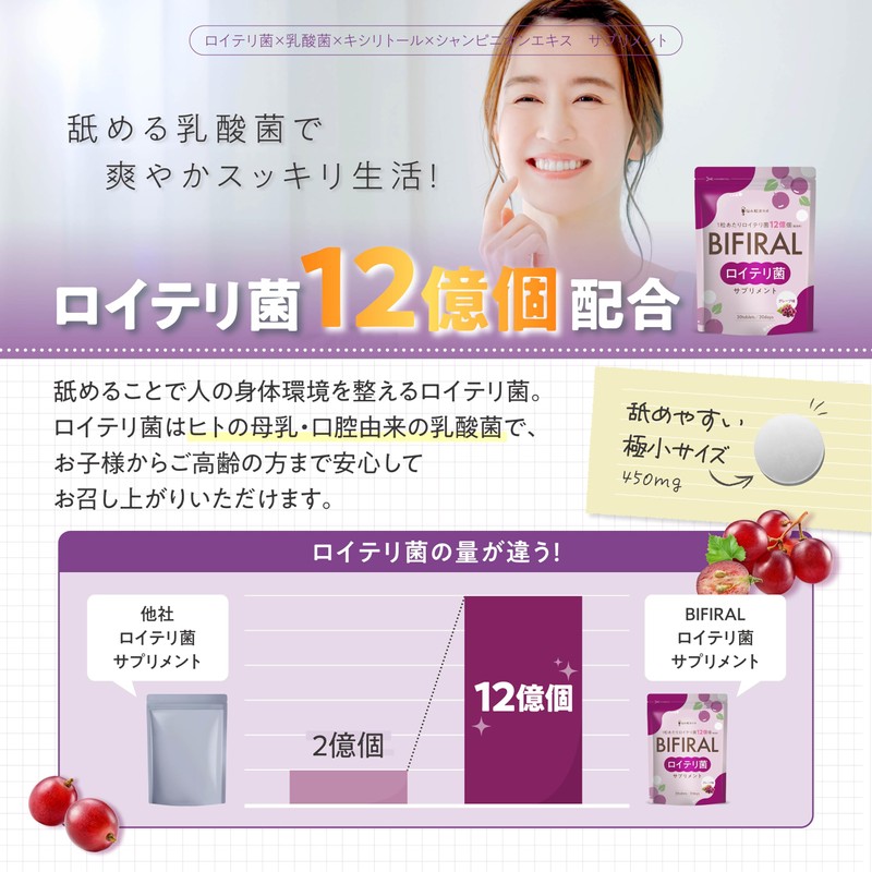 【生きたロイテリ菌360億個 贅沢配合】 ビフィラル 生きた ロイテリ菌 サプリメント グレープ味 150倍濃縮シャンピニオンエキス 乳酸菌 ビフィズス菌