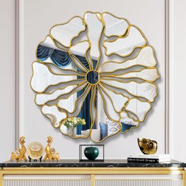 Jesantab Gold Wall Mirrors Decorative, 32” Large Round Mirrors for Wall Decor, Flower Shaped Decorative Wall Mirror for Living Room, Bedroom, Dining Room