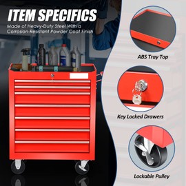 Auto Dynasty Universal Large Load Capacity Plastic Top Roller Rolling Tool Chest Cabinet with Key Lock and Wheels, 7-Drawers, 27.55 (L) x 13 (W) x 30.31 (H) Inches, Red