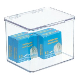 mDesign Plastic Stackable Home Office Storage Organizer Box with Hinge Lid - Holder Container Bin for Note Pads, Gel Pens, Staples, Dry Erase Markers, Tape, Supplies - Lumiere Collection - Clear