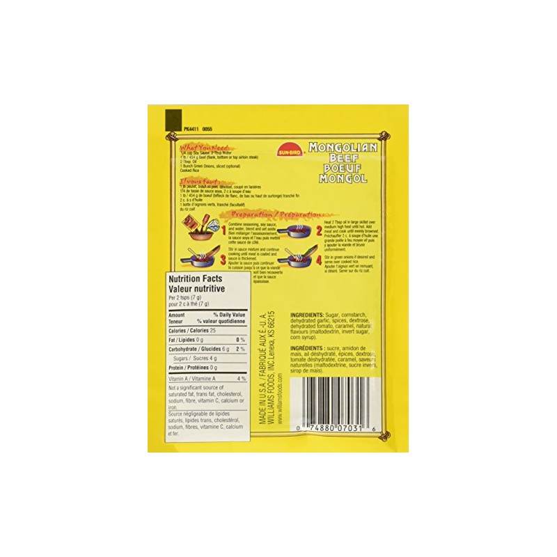 Sun Bird Seasoning Mix, Mongolian Beef, 1-Ounce Packets (Pack of