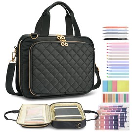 RoaGain Bible Cover Case for Women, Large Quilted Bible Bag – Shoulder Strap, Handle – Includes 12 Highlighters & 75 Labels – Black Bible Study Supplies Bag & Christian Gift