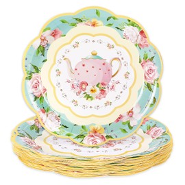 Whaline 40Pcs Tea Party Paper Plates 9 Inch Vintage Floral Plates Teapot Flower Disposable Plates for Spring Summer Baby Bride Shower Tableware Supplies