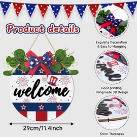 HPNIUB 3D Welcome Patriotic Wall Decor, Memorial Day Wreaths Wooden Hanging Sign, Rustic American Stars Door Sign, Independence Day Wood Hanging Plaque for Front Door Porch Home