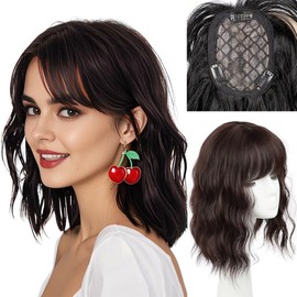 FDEETY Women's Wig, 12 Inch Short Hair, Waves and Curls, Clip-In Hairpiece, Fringe, Hairpiece Made of Synthetic Hair, Ideal for Everyday Use and Carnival, Short Haircut, Wig Women (Dark Brown)