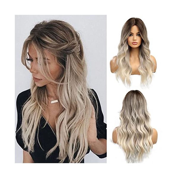 Esmee Long Wavy Ombre Brown to Blonde Wigs for Women Synthetic Hair Heat Resistant Ombre Wig for Daily Party Cosplay Use-24Inches