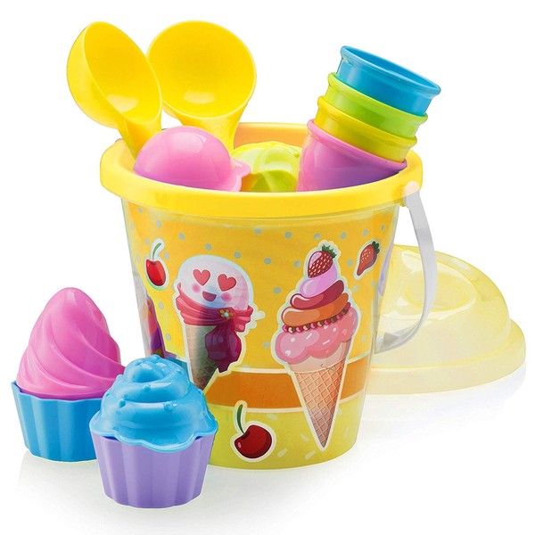 Top Race Beach Toys Set with Large 9'' Bucket Pail and Spade Scoop Shovels for Kids | 16pcs Yellow Ice Cream Playset for Kids & Toddlers Ages 1.5,2,3,4,5,6,7,8,9 | Great Sand Toys for Outdoor Sandbox