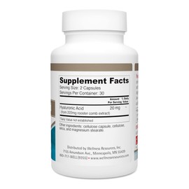 Wellness Resources Hyaluronic Acid from Rooster Comb, 100% Natural Source Low Molecular Weight (60 Capsules)