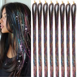 Rainbow Hair Tinsel 50inch 8packs 1600 Strands Tinsel Hair Extensions Shiny Hair Accessories Sparkling Fairy Glitter Hair Extension for Women Girls Kids(50",Rainbow 3 Colors)
