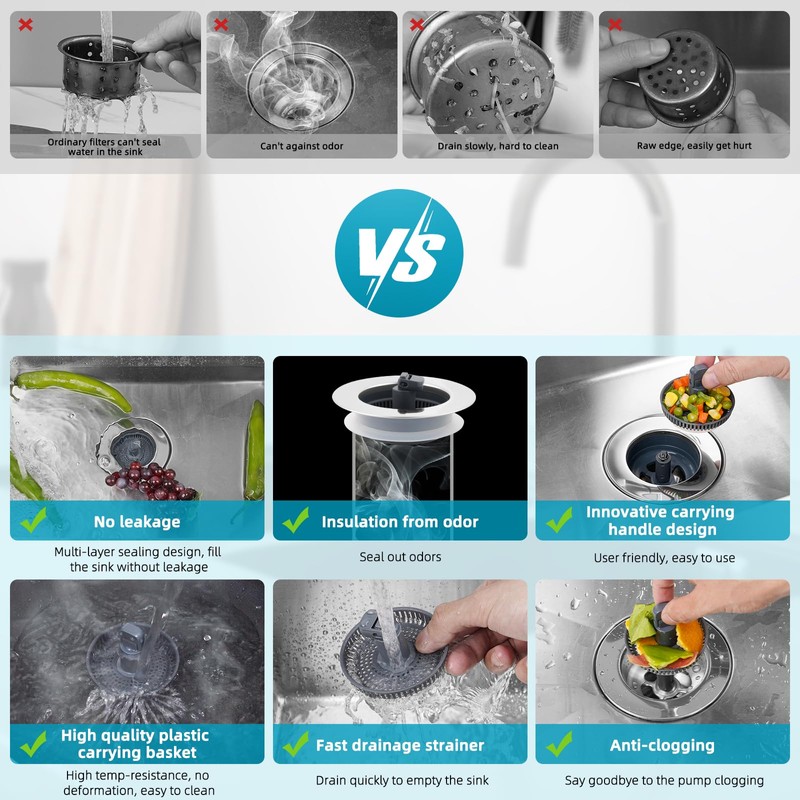 Hibbent 3 in 1 Kitchen Sink Drain Strainer, Stainless Steel