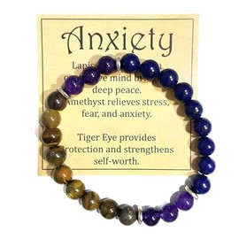 Yspokfay Natural Healing Stone Bead Bracelet Anxierty Protection Evil Eye Spiritual Crystal Beads Bracelet Gemstone Stretch Bracelet with Meaning Card-Anxiety