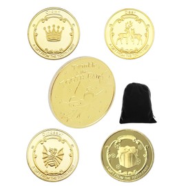 TPZORJX 4 x Tooth Fairy Coins, Tooth Fairy Gifts for Girls Boys, Tooth Fairy Coins, Tooth Fairy Gold Thal, Gold Coins for Lost Tooth Children's Gifts Souvenir (Gift Box, Dinosaur, Deer, Crown)