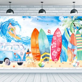 Beach Surfing Backdrop Decoration Summer Surfing Surfboard Birthday Party Backdrop Background Vintage Surfing Party Decorations for Luau Hawaiian Party Summer Tropical Sea Beach Baby Shower Supplies