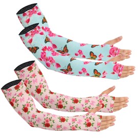 PAMASE Gardening Cooling Arm Sleeves for Women - 2 Pairs Anti-slip Farmer Garden Protective Arm Guards Cover with Thumb Hole, Garden Thorn Proof Sports UV Protection Gifts - Pink Blue Flowers