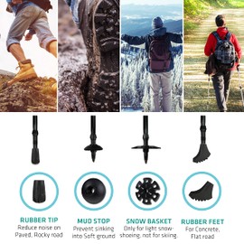 TREKOLOGY Trekking Pole Tips and Baskets Set - Rubber Replacement Accessories for Walking Sticks and Hiking Pole (2 Tips + 2 Boot + 2 Mud + 2 Snow)