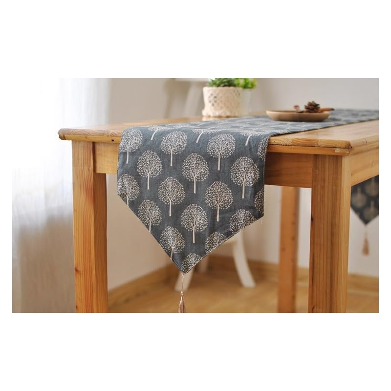 CosyAurora Linen Table Runner Mulberry Trees Navy Blue, Seasonal Kitchen