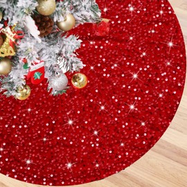 B-COOL Sequin Tree Skirts Red Christmas Tree Skirt 48 Inch Velvet Tree Skirt Xmas Tree Skirt for Christmas Sequins Tree Mat Decorations Indoor and Outdoor