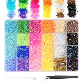 Hopton 24000 Pieces Rhinestone Nails, 24 Colours Glitter Stones for Crafts, Round Glitter Gemstones Rhinestones with Tweezers and Wax Pen, Rhinestones Set for DIY Nails Crafts