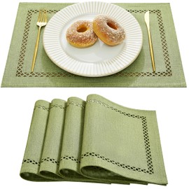 Aoztio Burlap Placemats Set of 4, 12 x 18 Inch Rustic Geometric Hollow Place Mats, Heat Resistant Placemats for Farmhouse Kitchen Table Decor, Sage Green 4PCS