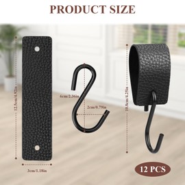 Teokantz Pack of 12 S Hooks Black with Leather Loop, Clothes Rail Hooks with Leather Loop, Hook for Hanging for Kitchen, Bathroom, Bedroom, Living Room