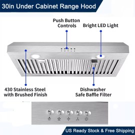 SNDOAS 30 inch Kitchen Under Cabinet Range Hood Stainless Steel 600CFM Vent w/LEDs