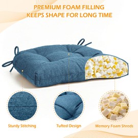 Kyaringtso Chair Cushions for Dining Chairs Set of 6, Non Slip Indoor Kitchen Chair Cushions with Ties, Tufted Memory Foam Seat Chair Pads, 17" x 16" x 3", Blue