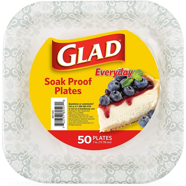 Glad Square Disposable Paper Plates with Gray Victorian Print|Soak Proof, Cut-Proof, Microwaveable Heavy Duty Disposable Plates, 7 Inches, 50 Count|Square Plates, Party Paper Plates, Paper Plates Bulk