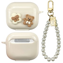 AIIEKZ Cute Kawaii AirPods 3 Case Cover 2021, Lovely Flower Bear Design Smooth Soft Protective Cover for AirPods 3rd Generation Case with Pearl Chain for Girls Women (Airpods 3)
