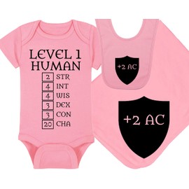Gaming Baby Onesie, Blanket and Bib - Level 1 Human with Ability Scores - Shield +2 AC - Shield +2 AC (6-12 Month - Pink Fabric - Black Design)