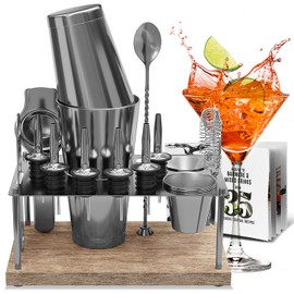 Bar Set Cocktail Shaker Set Bartender Kit, 17 Piece Silver Cocktail Set, Mixology Bartender Kit with Wood Stand, Steel Cocktail Kit, Bar Accessories: 30oz Martini Shaker, Muddler, Cocktail Book & More