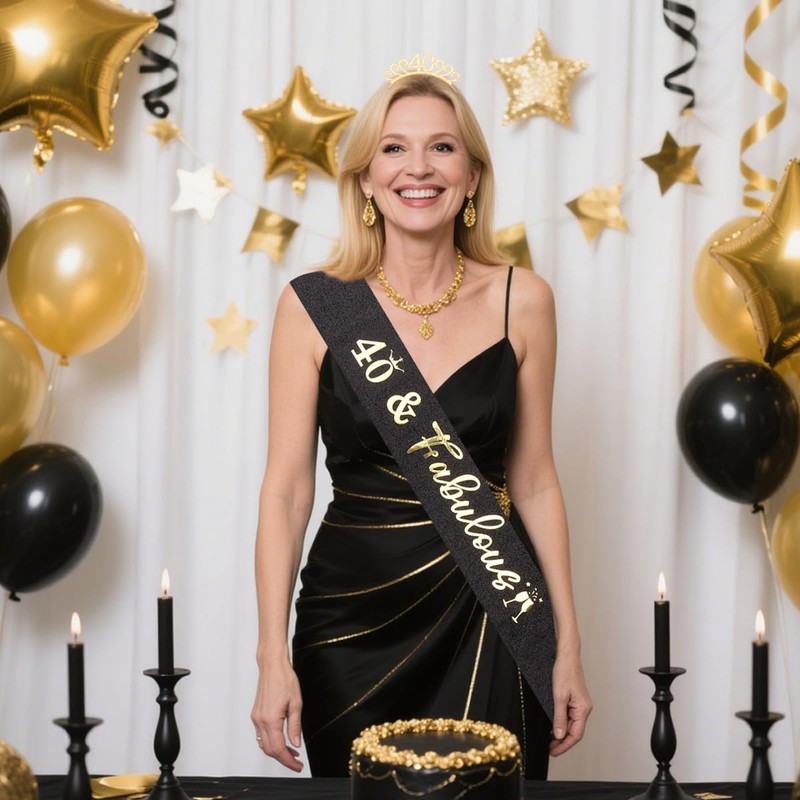 Dimetey 40th Birthday Sash and Tiara Set, Black and Gold,