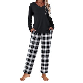 Ekouaer Womens Pajama Sets 2 piece Lounge Sets for Women V-neck Long Sleeve Top and Elastic Waist Pants with Pockets Black Plaid