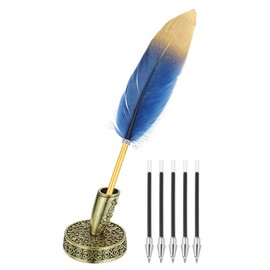 PATIKIL Dark Blue Gold Feather Ballpoint Pens Bulk, Metal Holder Black Ink Vintage Quill Writing Pens with 5 Pieces Refill for Office, Wedding Signature, Ancient Bronze