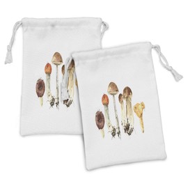 Lunarable Mushroom Fabric Pouch Set of 2, Wild Mushroom Hand Drawn Ingredient Design in Watercolor Style Boho Woodland, Small Drawstring Bag for Toiletries Masks and Favors, 9" x 6", Multicolor