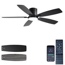 Ayaoty Ceiling Fans with Lights, 52 inch Low Profile Ceiling Fan with Light and Remote Control, Flush Mount, Reversible Motor, Dimmable, Noiseless, Black Ceiling Fan for Bedroom, Indoor/Outdoor Use