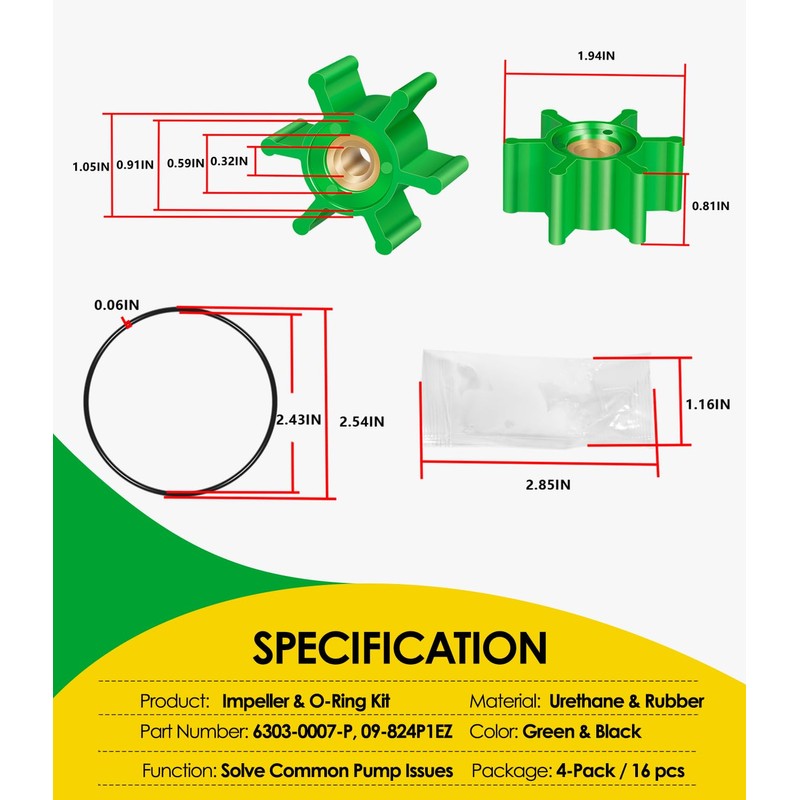 4-Pack 6303-0007-P Impeller Replacement Kit | Polyurethane Impeller & O-Ring