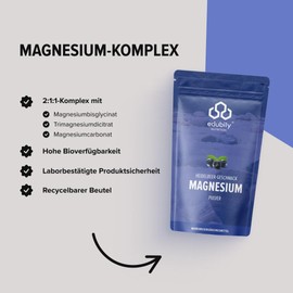edubily nutrition® Magnesium Komplex Pulver Mit Magnesiumglycinat, Citrat & -Carbonat, Ohne Magnesiumstearat, Mit Vitamin B6, Vegan (300 g Pulver) (Heidelbeere)