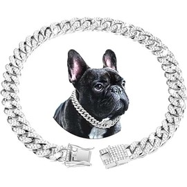 haoyueer Dog Chain Collar Diamond Cuban Link Dog Collar 13mm Wide Dog Necklace Metal Cat Chain Pet Crystal Collar Jewelry Accessories for Puppy Small Medium Large Dogs Cats (Silver, 14 inch)
