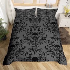 Adults Black Damask Bedding Set Antique Victorian Baroque Duvet Cover Queen Size Gothic Vintage Floral Comforter Cover Exotic Sugar Skull Quilt Cover Queen,Gothic Bone Skeleton Bohemian Decor,Grey