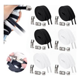 6 Pares Agujetas Sin Nudo Elásticas Hebilla Metal Para Tenis En Blanco Y Negro
