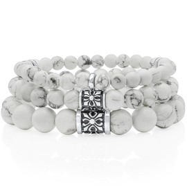 VY JEWELRY 6MM Howlite Beaded Bracelet with three 925 Sterling Silver Beads, White Stones for Men and Women - Made in Thailand - Size L