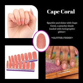 Color Street Cape Coral Nail Polish Strips Set Peach Shade Glitter Shimmer NEW